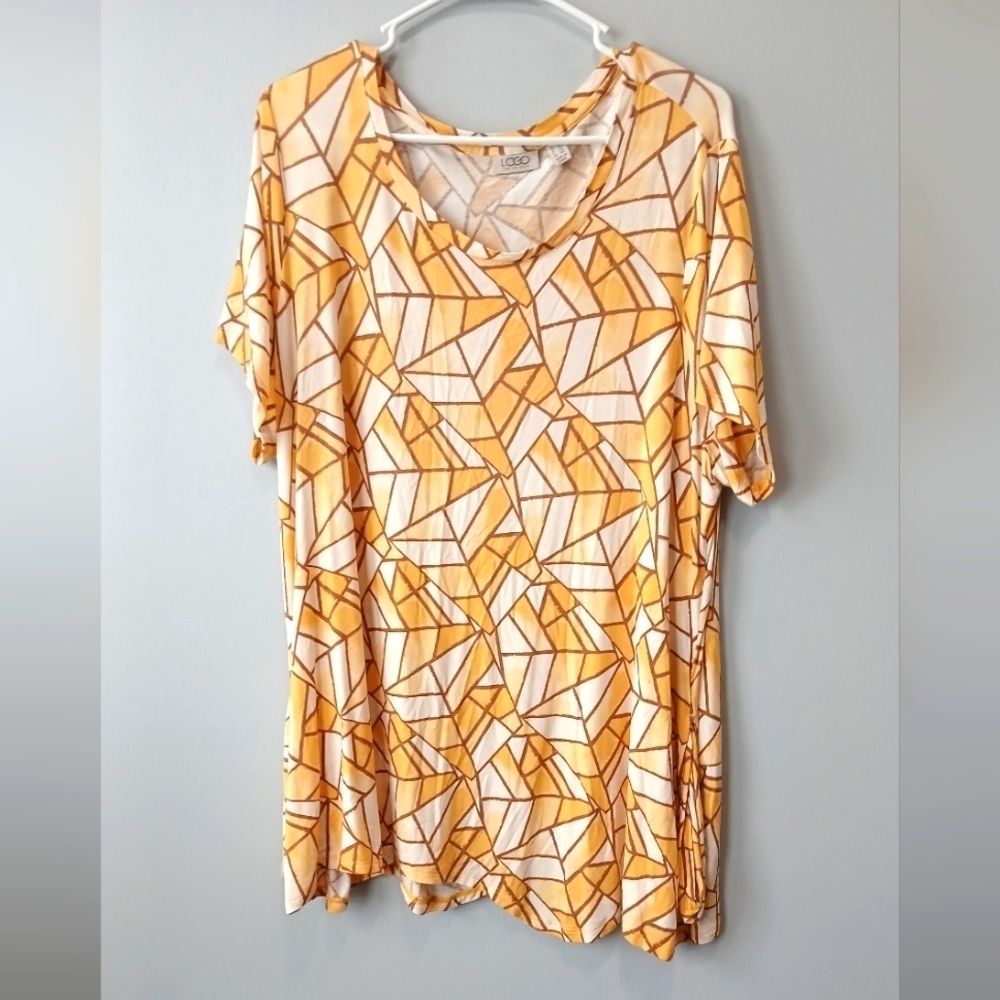 LOGO by Lori Goldstein Geometric Yellow Top Pockets Women's Size 2X Comfort